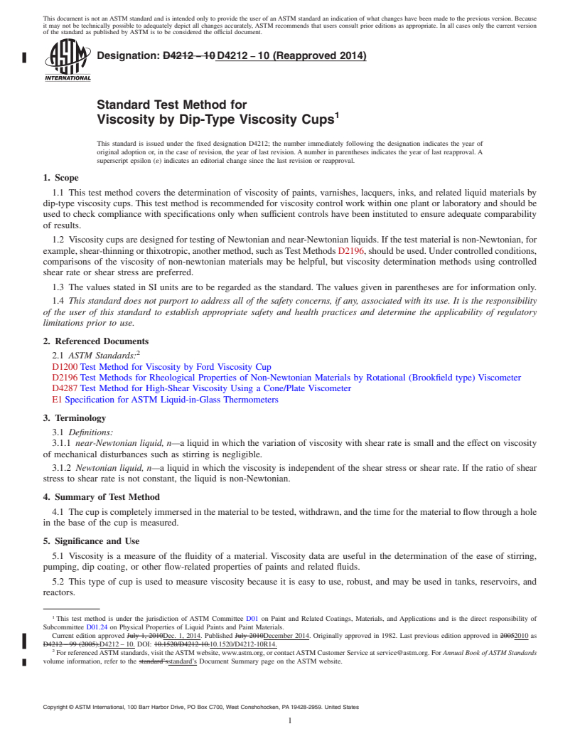 REDLINE ASTM D4212-10(2014) - Standard Test Method for Viscosity by Dip-Type Viscosity Cups