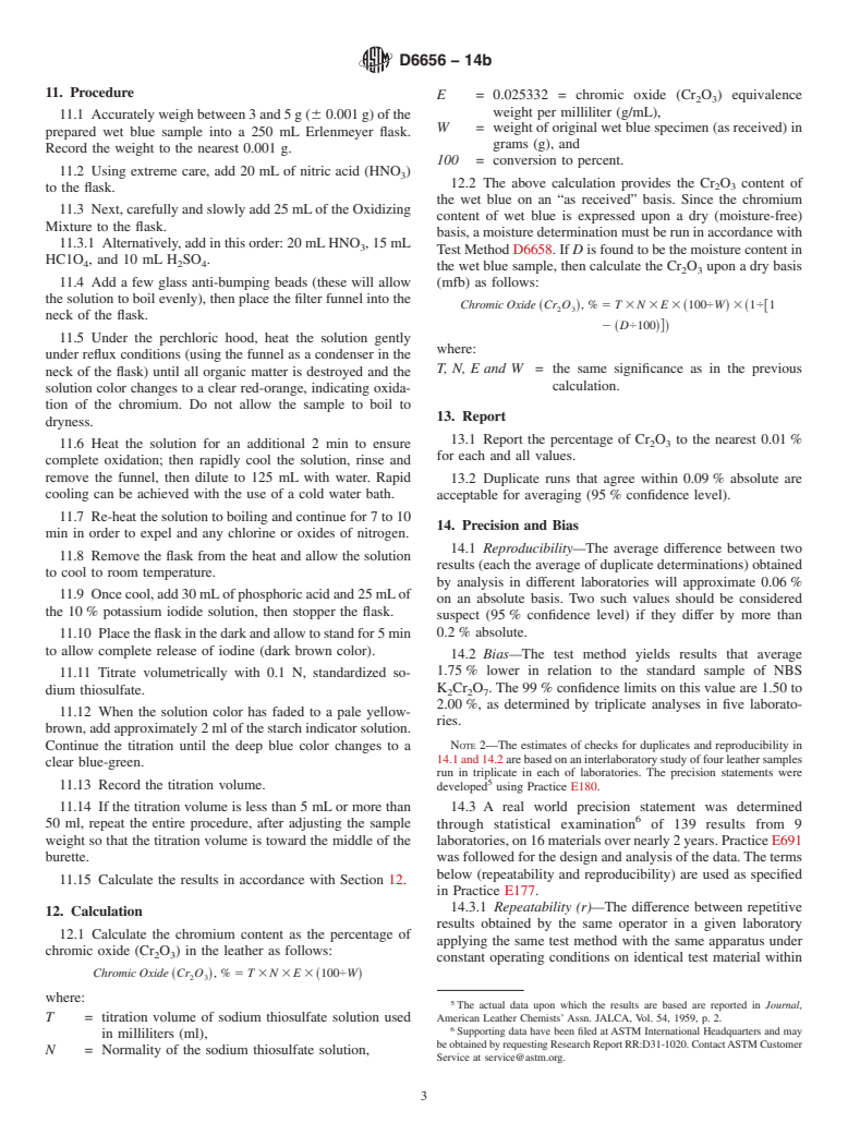 ASTM D6656-14b - Standard Test Method for  Determination of Chromic Oxide in Wet Blue (Perchloric Acid  Oxidation)