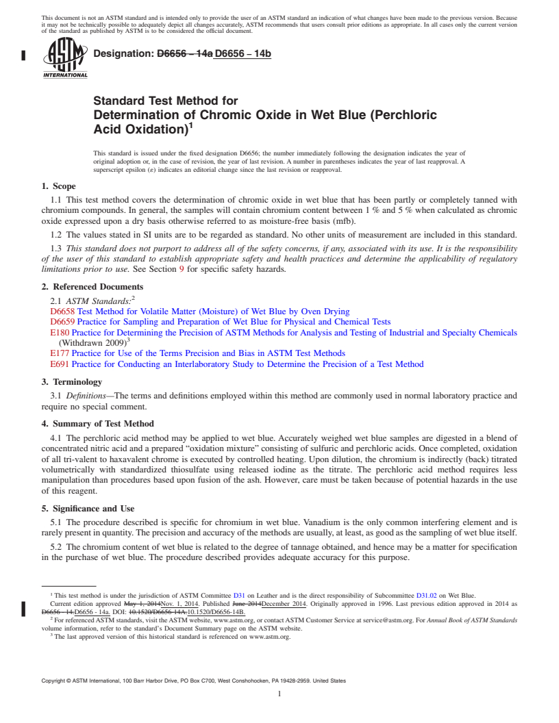 REDLINE ASTM D6656-14b - Standard Test Method for  Determination of Chromic Oxide in Wet Blue (Perchloric Acid  Oxidation)