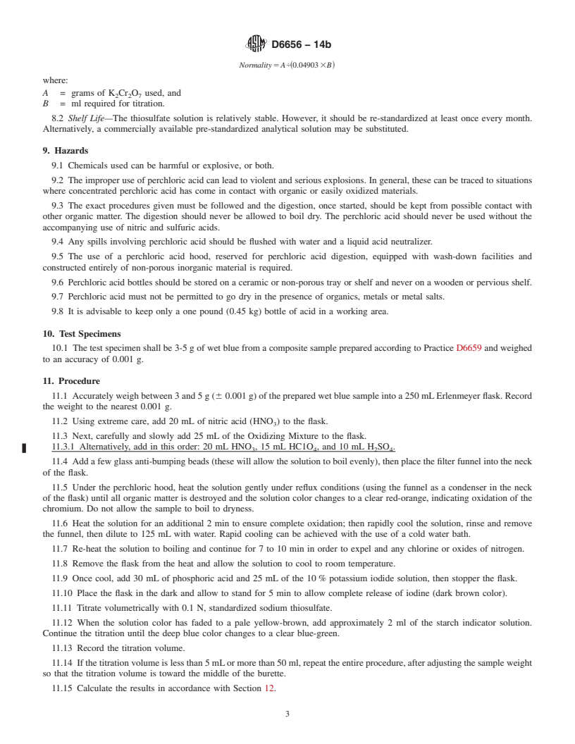 REDLINE ASTM D6656-14b - Standard Test Method for  Determination of Chromic Oxide in Wet Blue (Perchloric Acid  Oxidation)