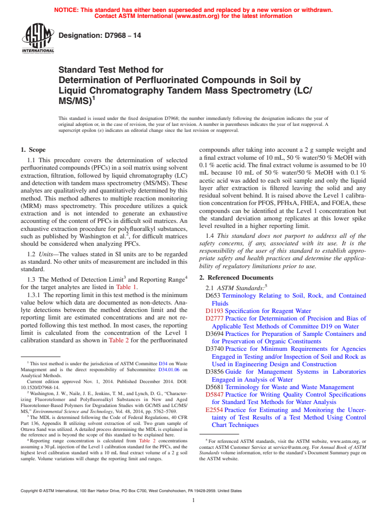 ASTM D7968-14 - Standard Test Method for Determination of Perfluorinated Compounds in Soil by Liquid  Chromatography Tandem Mass Spectrometry (LC/MS/MS)