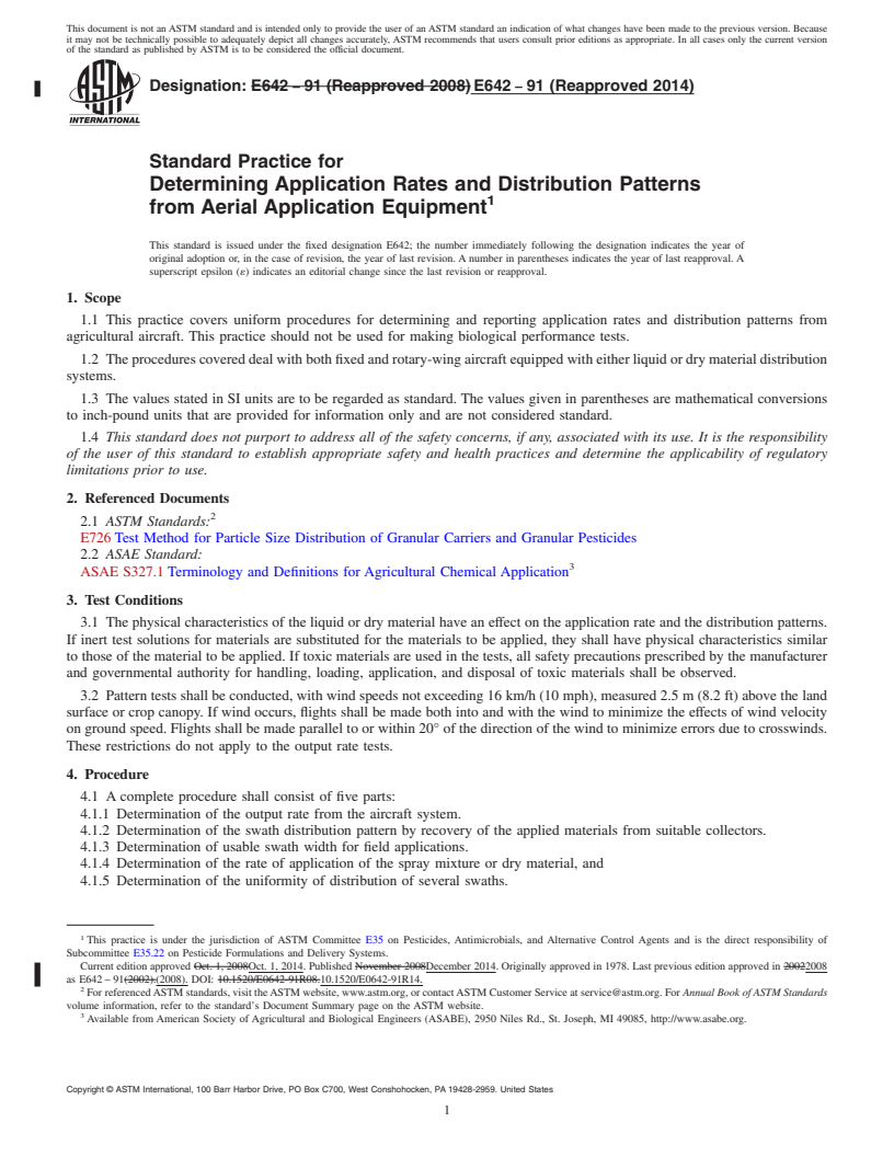 REDLINE ASTM E642-91(2014) - Standard Practice for  Determining Application Rates and Distribution Patterns from  Aerial Application Equipment