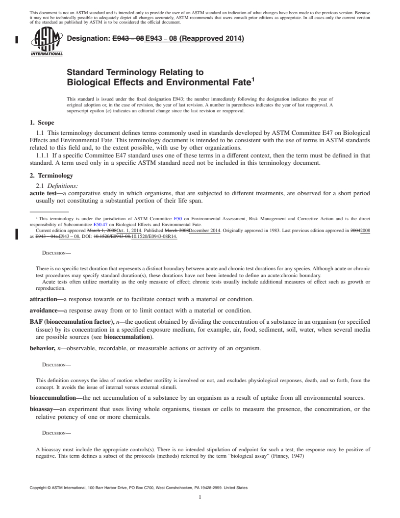 REDLINE ASTM E943-08(2014) - Standard Terminology Relating to  Biological Effects and Environmental Fate (Withdrawn 2023)