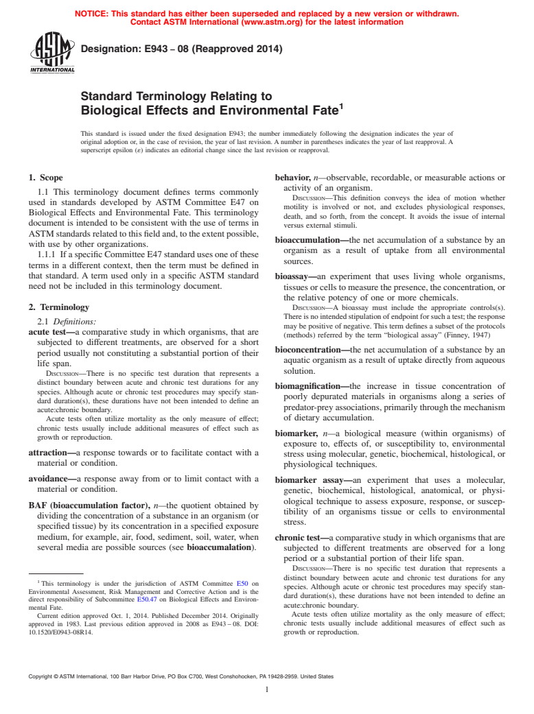 ASTM E943-08(2014) - Standard Terminology Relating to  Biological Effects and Environmental Fate (Withdrawn 2023)