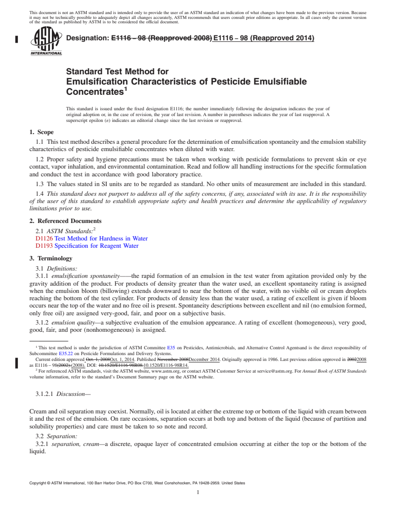 REDLINE ASTM E1116-98(2014) - Standard Test Method for  Emulsification Characteristics of Pesticide Emulsifiable Concentrates