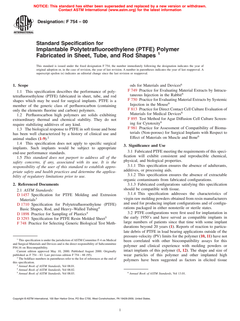 ASTM F754-00 - Standard Specification for Implantable Polytetrafluoroethylene (PTFE) Polymer Fabricated in Sheet, Tube, and Rod Shapes