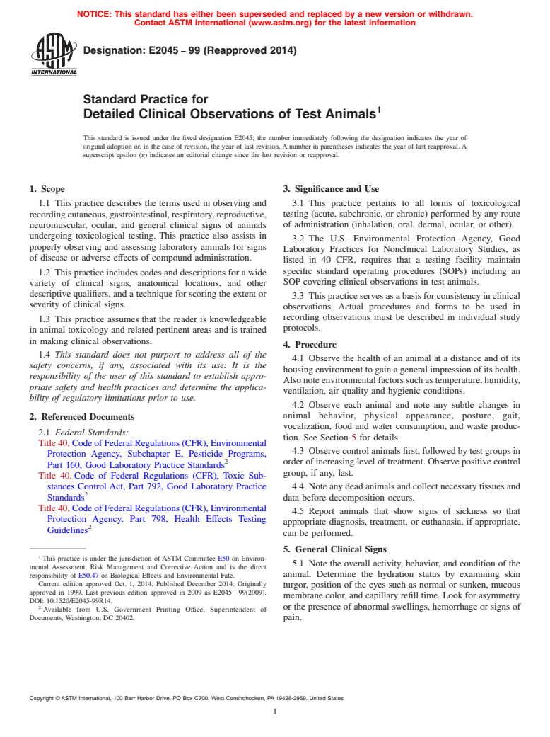 ASTM E2045-99(2014) - Standard Practice for  Detailed Clinical Observations of Test Animals