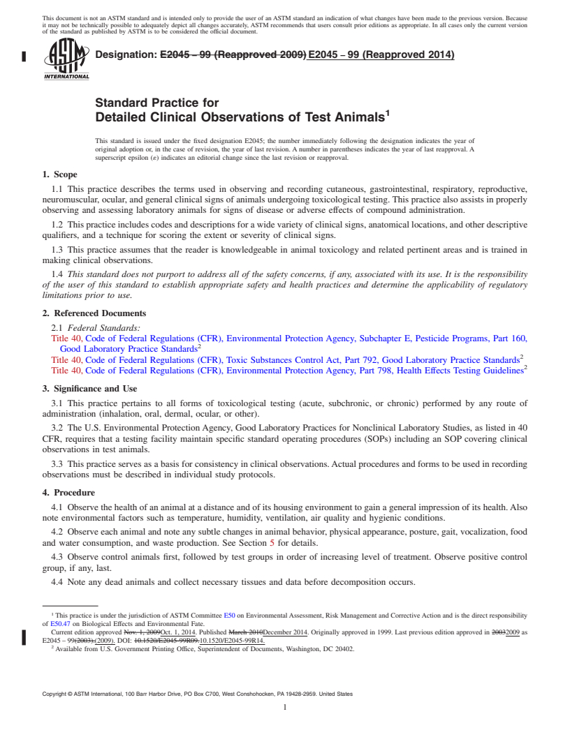 REDLINE ASTM E2045-99(2014) - Standard Practice for  Detailed Clinical Observations of Test Animals