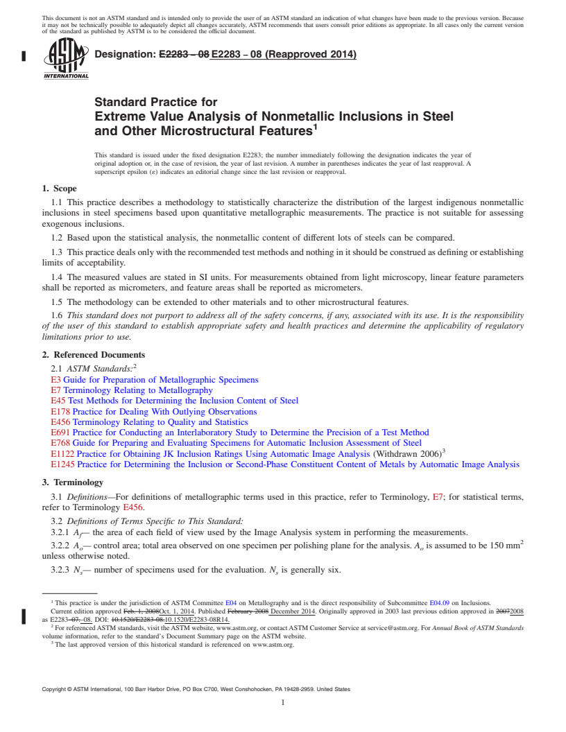 REDLINE ASTM E2283-08(2014) - Standard Practice for  Extreme Value Analysis of Nonmetallic Inclusions in Steel and  Other Microstructural Features