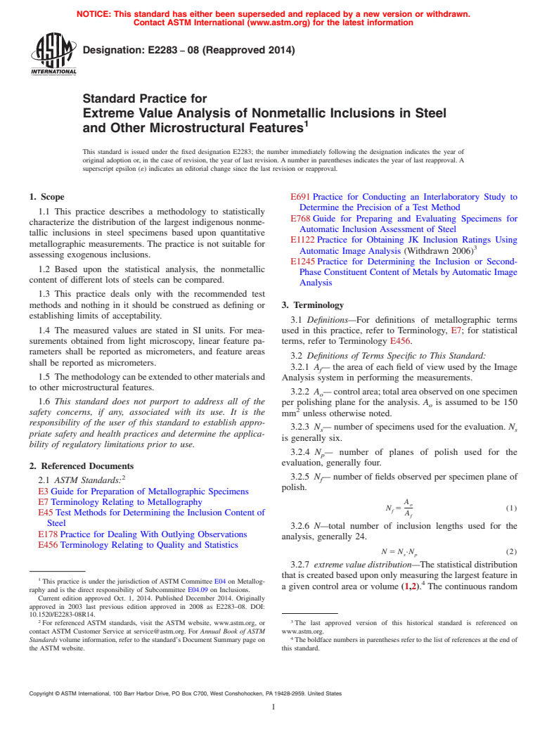 ASTM E2283-08(2014) - Standard Practice for  Extreme Value Analysis of Nonmetallic Inclusions in Steel and  Other Microstructural Features