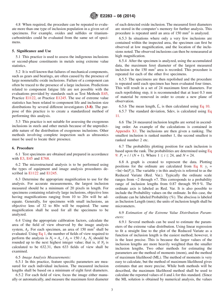 ASTM E2283-08(2014) - Standard Practice for  Extreme Value Analysis of Nonmetallic Inclusions in Steel and  Other Microstructural Features