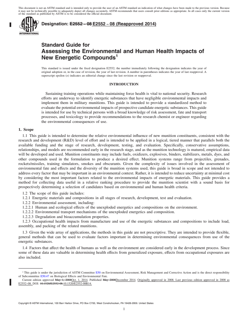 REDLINE ASTM E2552-08(2014) - Standard Guide for  Assessing the Environmental and Human Health Impacts of New  Energetic Compounds