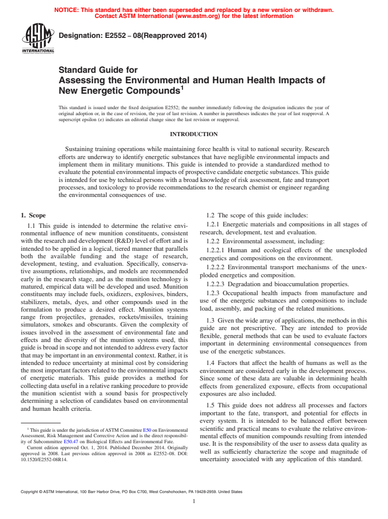 ASTM E2552-08(2014) - Standard Guide for  Assessing the Environmental and Human Health Impacts of New  Energetic Compounds