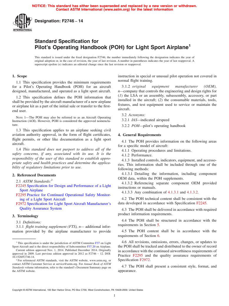 ASTM F2746-14 - Standard Specification For Pilot’s Operating Handbook ...