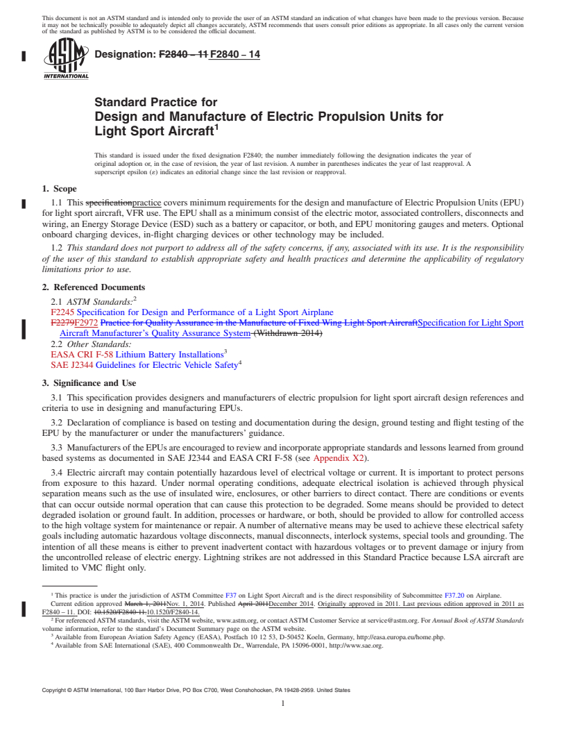 REDLINE ASTM F2840-14 - Standard Practice for Design and Manufacture of Electric Propulsion Units for Light  Sport Aircraft