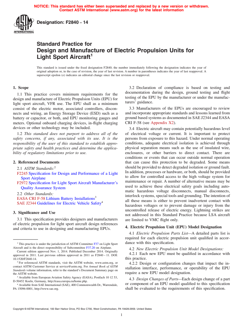 ASTM F2840-14 - Standard Practice for Design and Manufacture of Electric Propulsion Units for Light  Sport Aircraft