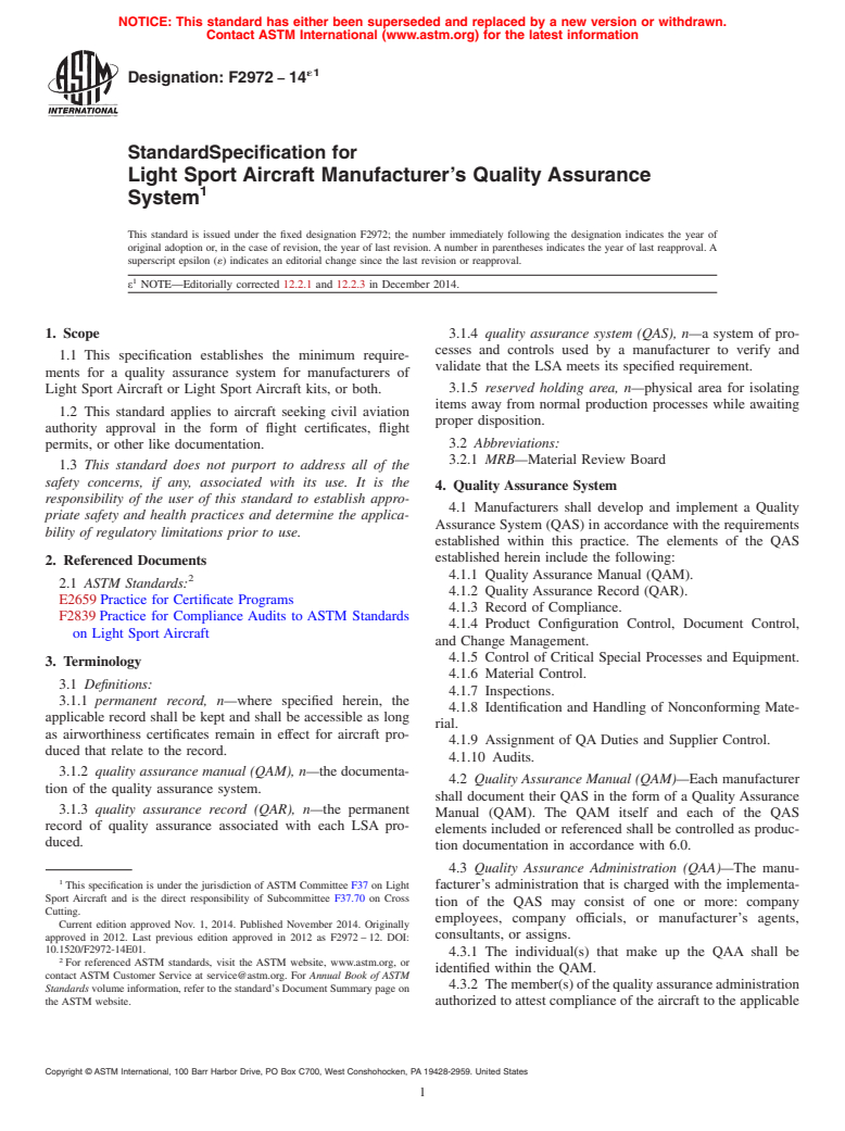 ASTM F2972-14e1 - Standard Specification for Light Sport Aircraft Manufacturer&rsquo;s Quality Assurance  System