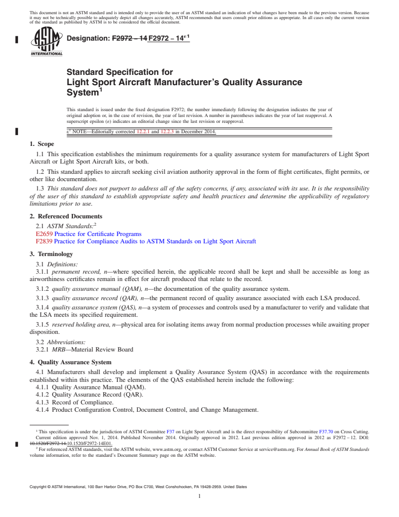 REDLINE ASTM F2972-14e1 - Standard Specification for Light Sport Aircraft Manufacturer&rsquo;s Quality Assurance  System