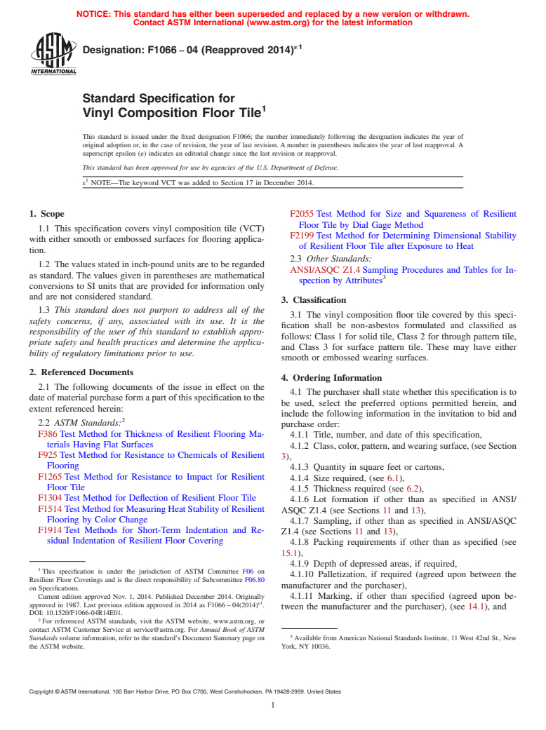 ASTM F1066-04(2014)e1 - Standard Specification for  Vinyl Composition Floor Tile