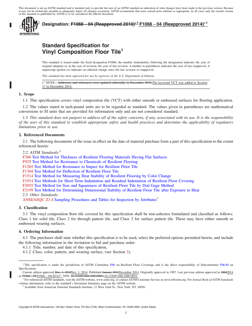 REDLINE ASTM F1066-04(2014)e1 - Standard Specification for  Vinyl Composition Floor Tile
