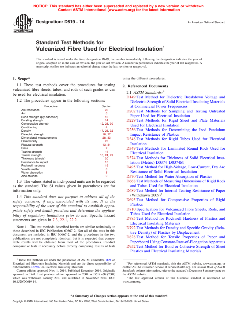 ASTM D619-14 - Standard Test Methods for  Vulcanized Fibre Used for Electrical Insulation