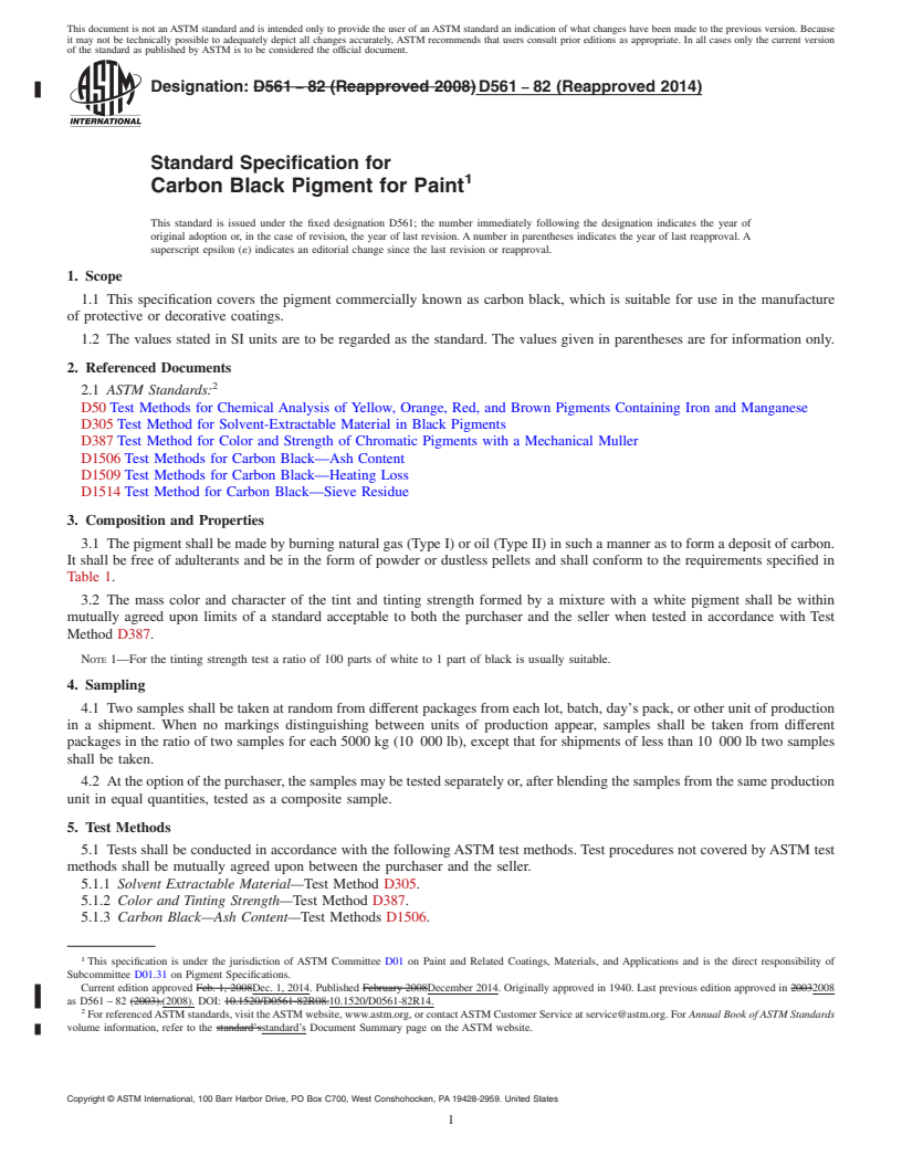 REDLINE ASTM D561-82(2014) - Standard Specification for Carbon Black Pigment for Paint