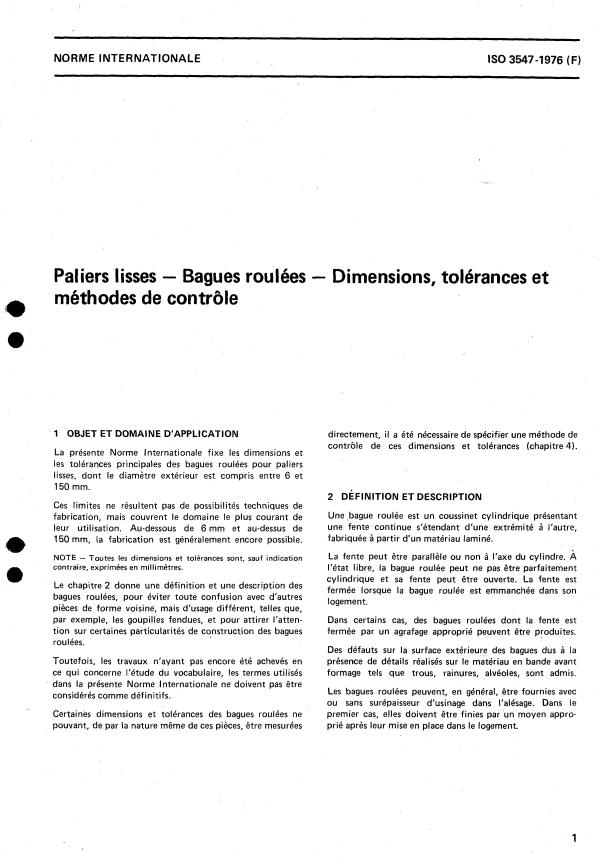 ISO 3547:1976 - Paliers lisses -- Bagues roulées -- Dimensions, tolérances et méthodes de contrôle