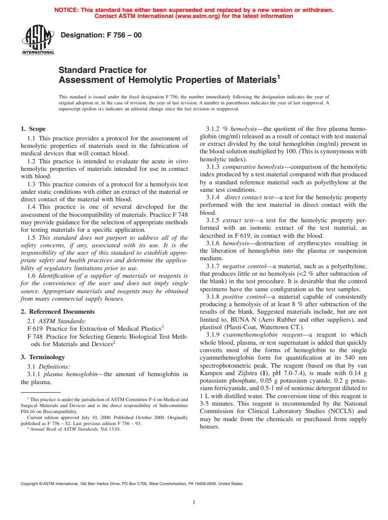 ASTM F756-00 - Standard Practice for Assessment of Hemolytic Properties of Materials