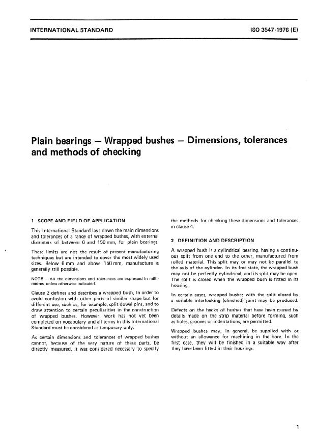 ISO 3547:1976 - Plain bearings -- Wrapped bushes -- Dimensions, tolerances and methods of checking