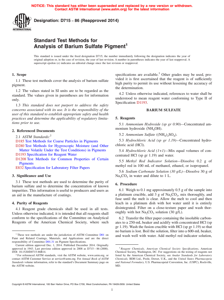 ASTM D715-86(2014) - Standard Test Methods for Analysis of Barium Sulfate Pigment