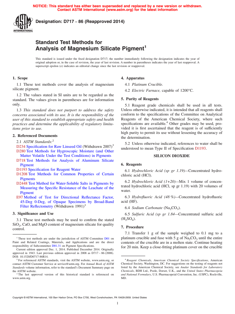 ASTM D717-86(2014) - Standard Test Methods for Analysis of Magnesium Silicate Pigment