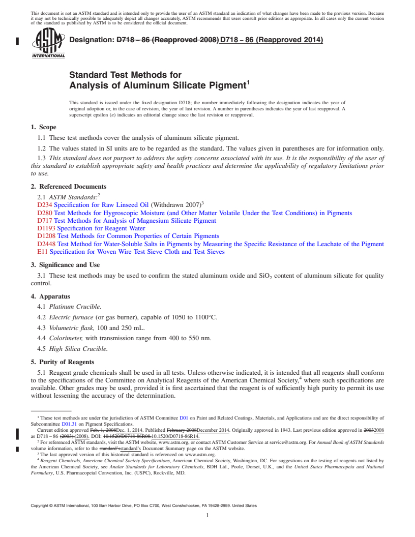 REDLINE ASTM D718-86(2014) - Standard Test Methods for Analysis of Aluminum Silicate Pigment