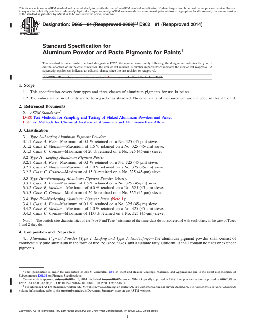 REDLINE ASTM D962-81(2014) - Standard Specification for Aluminum Powder and Paste Pigments for Paints