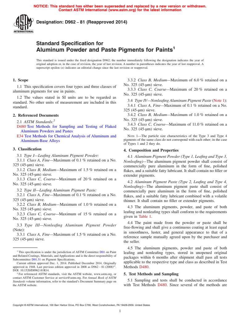 ASTM D962-81(2014) - Standard Specification for Aluminum Powder and Paste Pigments for Paints