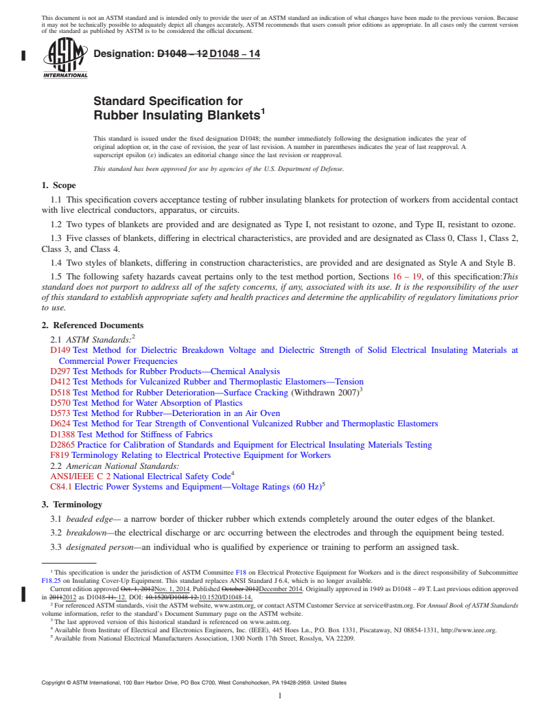 REDLINE ASTM D1048-14 - Standard Specification for  Rubber Insulating Blankets