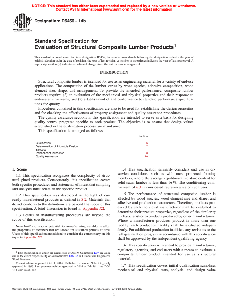 ASTM D5456-14b - Standard Specification for  Evaluation of Structural Composite Lumber Products