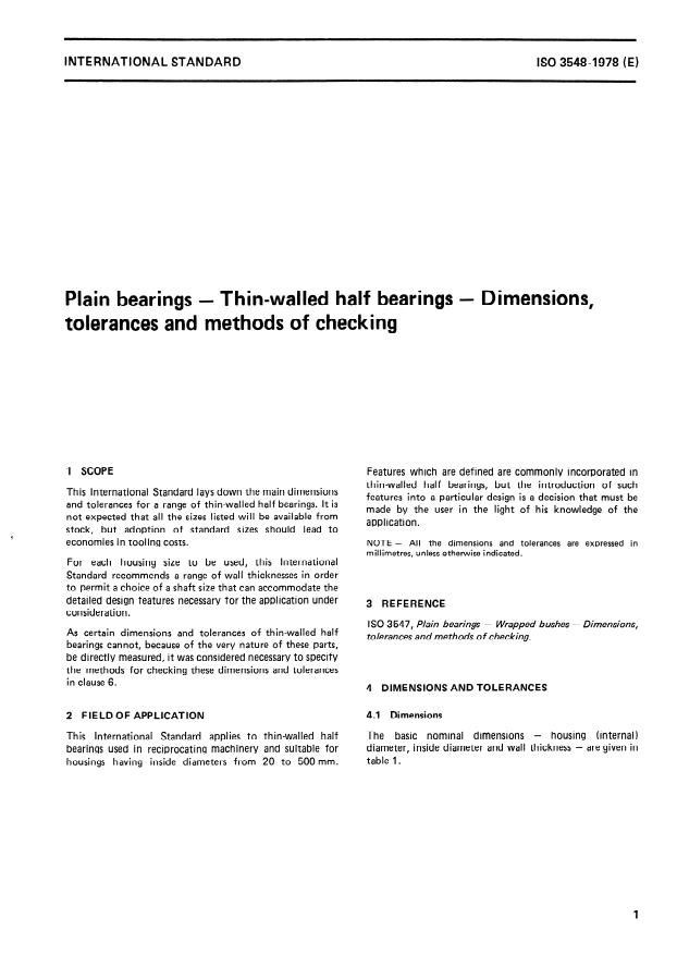 ISO 3548:1978 - Plain bearings -- Thin-walled half bearings -- Dimensions, tolerances and methods of checking