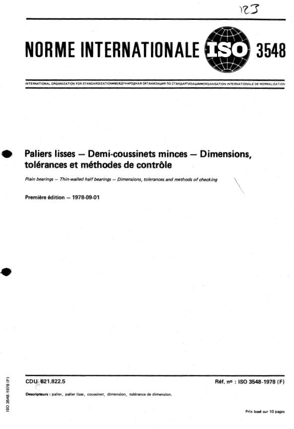 ISO 3548:1978 - Paliers lisses -- Demi-coussinets minces -- Dimensions, tolérances et méthodes de contrôle