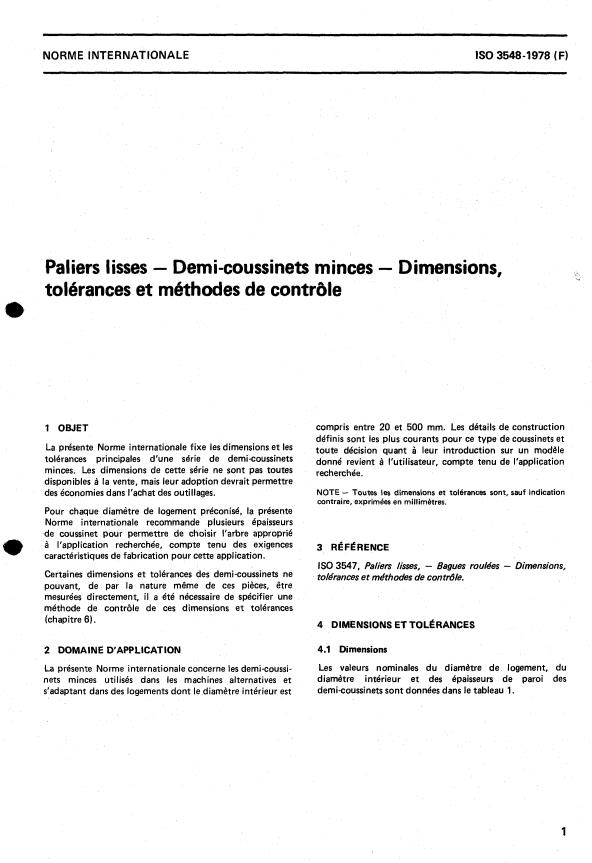 ISO 3548:1978 - Paliers lisses -- Demi-coussinets minces -- Dimensions, tolérances et méthodes de contrôle
