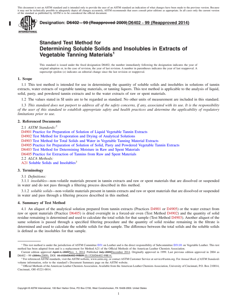 REDLINE ASTM D6402-99(2014) - Standard Test Method for  Determining Soluble Solids and Insolubles in Extracts of Vegetable  Tanning Materials