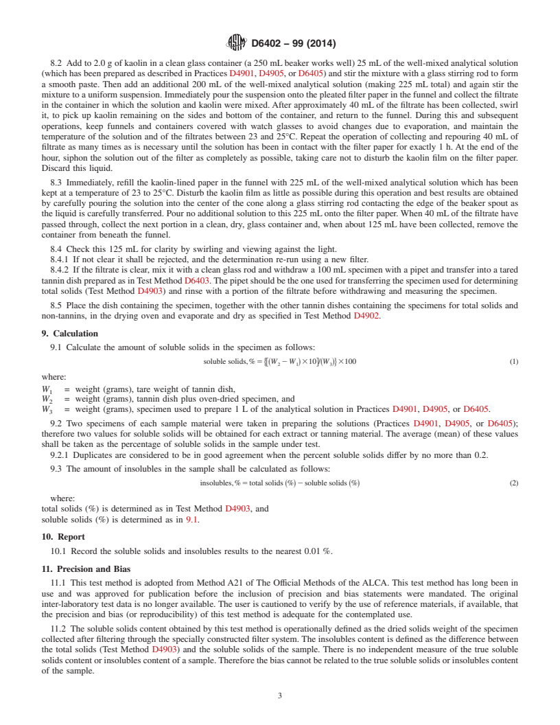 REDLINE ASTM D6402-99(2014) - Standard Test Method for  Determining Soluble Solids and Insolubles in Extracts of Vegetable  Tanning Materials