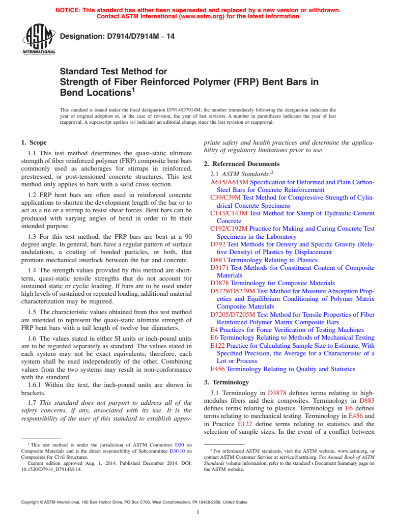 ASTM D7914/D7914M-14 - Standard Test Method for Strength of Fiber Reinforced Polymer (FRP) Bent Bars in Bend  Locations