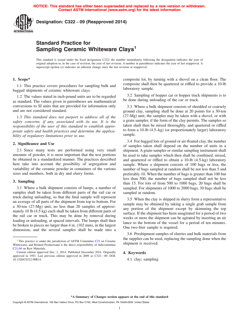 ASTM C322-09(2014) - Standard Practice for  Sampling Ceramic Whiteware Clays