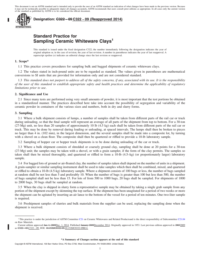 REDLINE ASTM C322-09(2014) - Standard Practice for  Sampling Ceramic Whiteware Clays