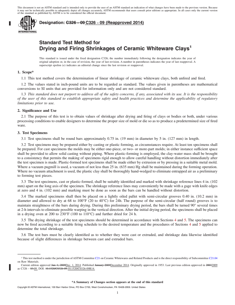 REDLINE ASTM C326-09(2014) - Standard Test Method for  Drying and Firing Shrinkages of Ceramic Whiteware Clays