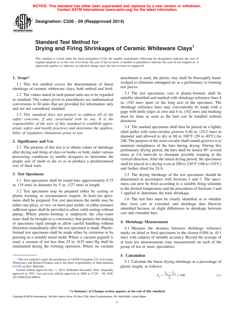 ASTM C326-09(2014) - Standard Test Method for  Drying and Firing Shrinkages of Ceramic Whiteware Clays