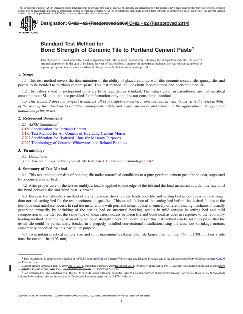 REDLINE ASTM C482-02(2014) - Standard Test Method for  Bond Strength of Ceramic Tile to Portland Cement Paste