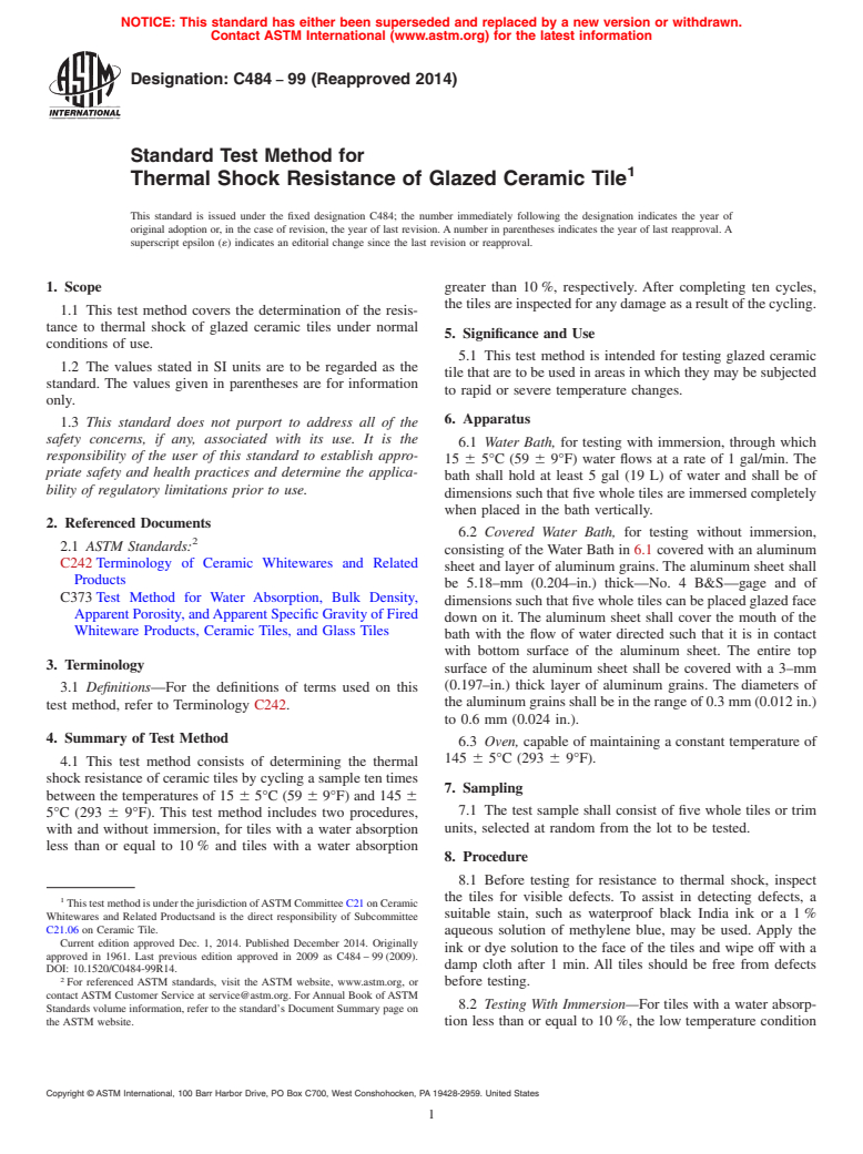 ASTM C484-99(2014) - Standard Test Method for  Thermal Shock Resistance of Glazed Ceramic Tile