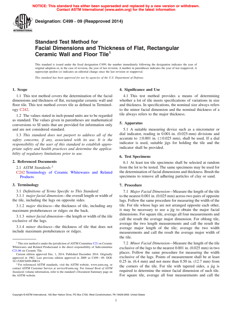 ASTM C499-09(2014) - Standard Test Method for  Facial Dimensions and Thickness of Flat, Rectangular Ceramic   Wall and Floor Tile