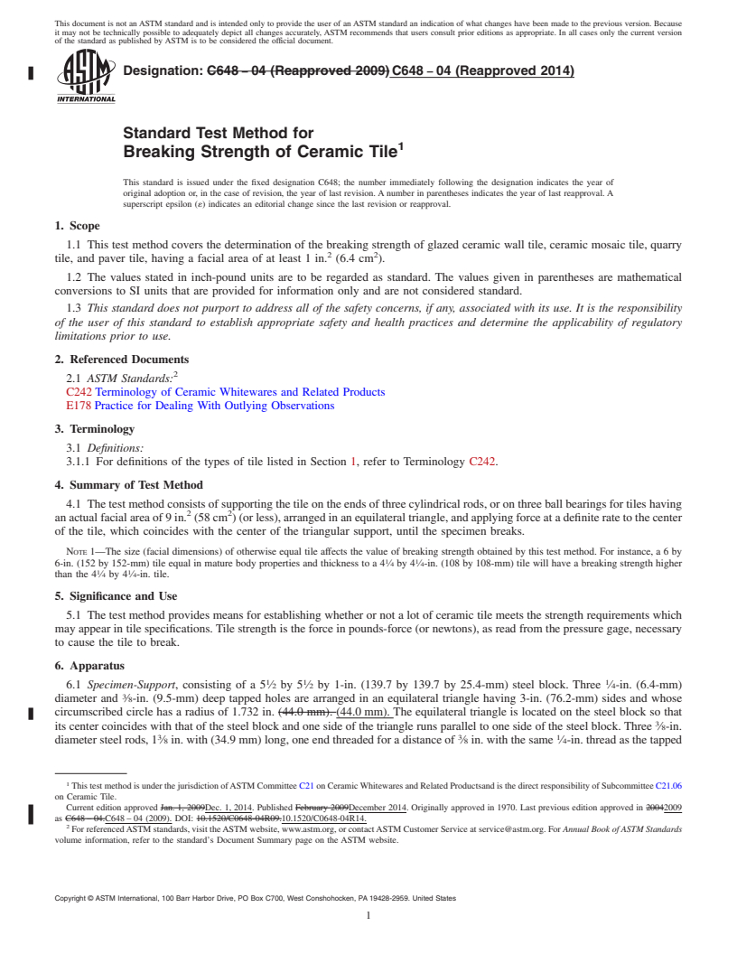 REDLINE ASTM C648-04(2014) - Standard Test Method for  Breaking Strength of Ceramic Tile